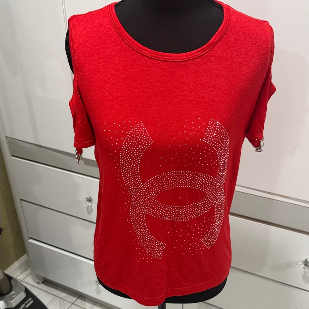 Chic Red Women's Short Sleeve Top with Embellishments